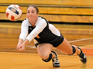 Lindsey Wise digs a ball this past week against Lindsey Wilson.