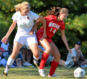 Bea Cameron battles for the ball this past season. The sophomore had the winning goal Wednesday against Kentucky Wesleyan.