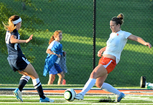 Caitlin Williams clears the ball against Mount Vernon Nazarene. The senior is MSC Defensive Player of the Week.